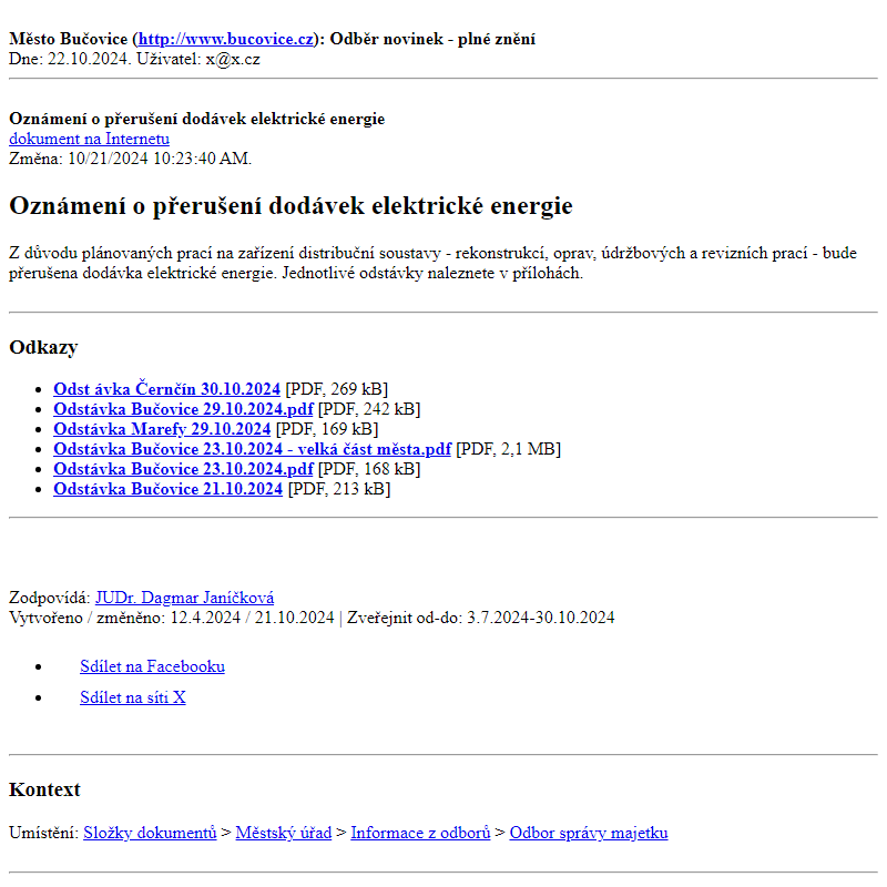 Odběr novinek ze dne 22.10.2024 - dokument Oznámení o přerušení dodávek elektrické energie