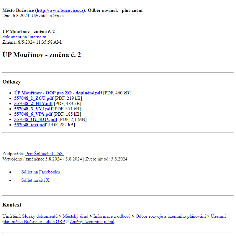 Odběr novinek ze dne 6.8.2024 - dokument ÚP Mouřínov - změna č. 2