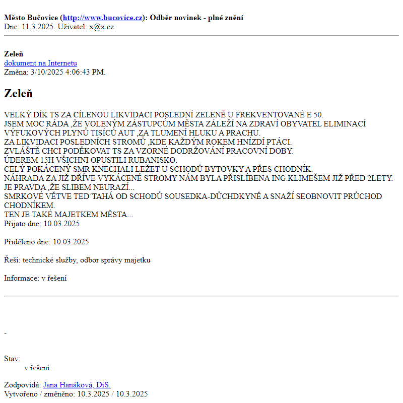 Odběr novinek ze dne 11.3.2025 - dokument Zeleň