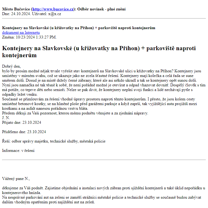 Odběr novinek ze dne 24.10.2024 - dokument Kontejnery na Slavkovské (u křižovatky na Příhon) + parkoviště naproti kontejnerům