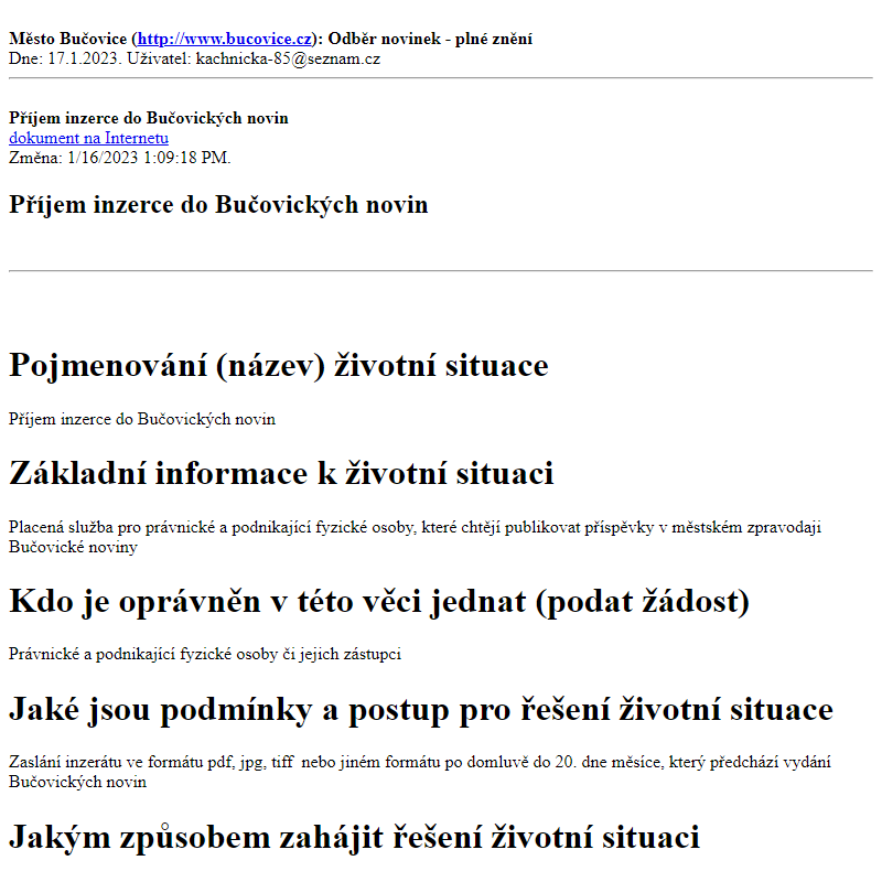 Odběr novinek ze dne 17.1.2023 - dokument Příjem inzerce do Bučovických novin