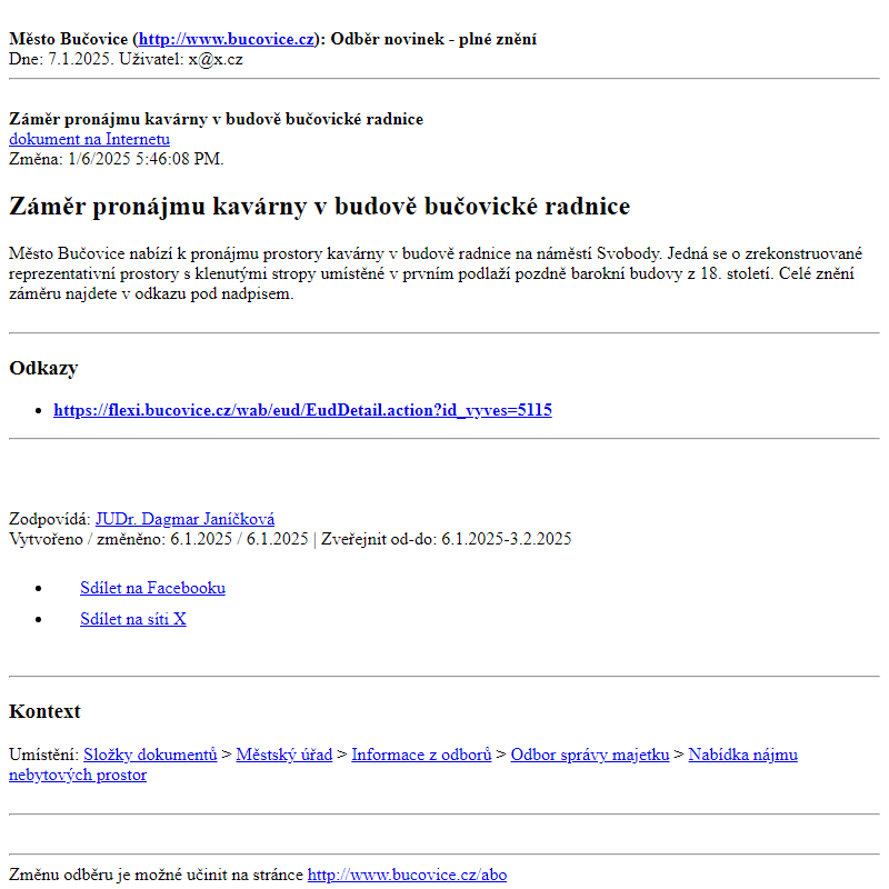 Odběr novinek ze dne 7.1.2025 - dokument Záměr pronájmu kavárny v budově bučovické radnice