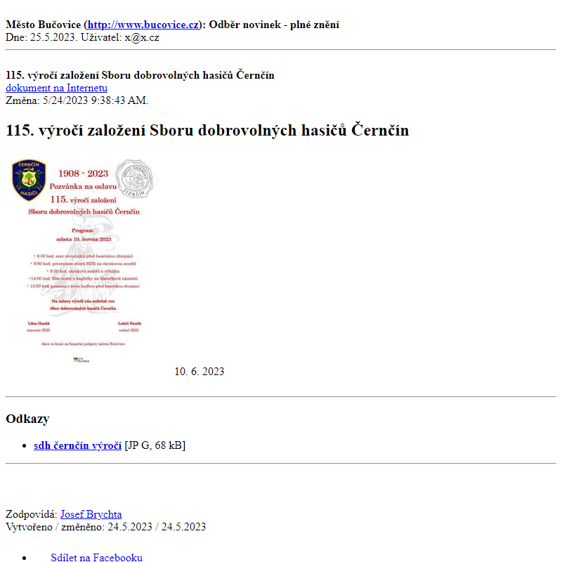 Odběr novinek ze dne 25.5.2023 - dokument 115. výročí založení Sboru dobrovolných hasičů Černčín