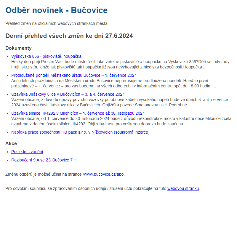 Odběr novinek ze dne 27.6.2024