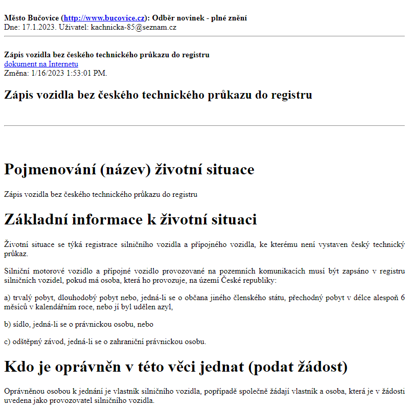 Odběr novinek ze dne 17.1.2023 - dokument Zápis vozidla bez českého technického průkazu do registru