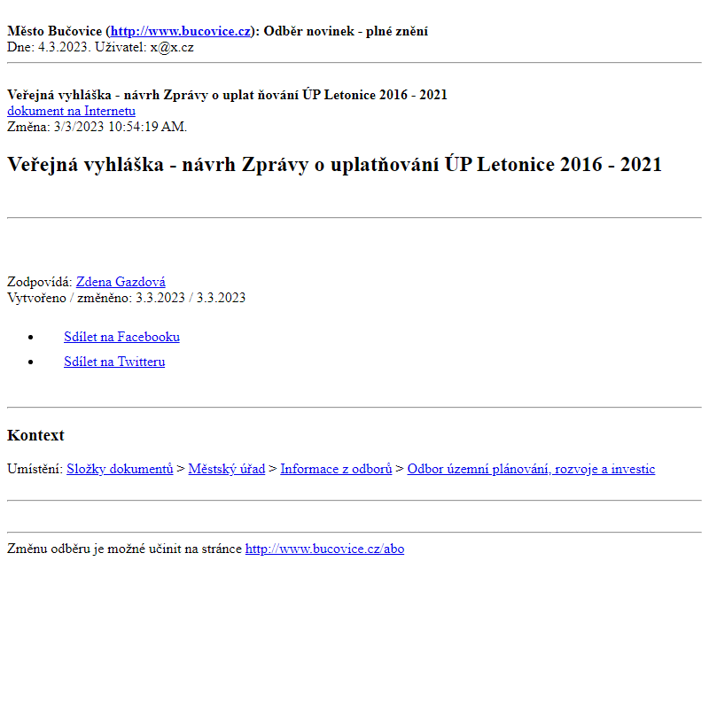 Odběr novinek ze dne 4.3.2023 - dokument Veřejná vyhláška - návrh Zprávy o uplatňování ÚP Letonice 2016 - 2021