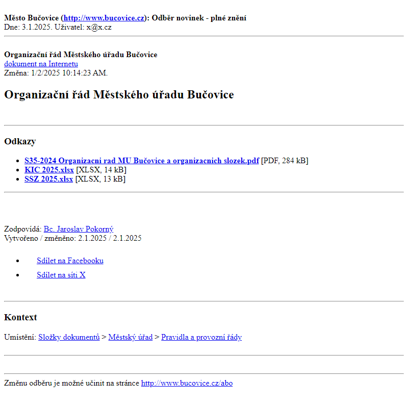 Odběr novinek ze dne 3.1.2025 - dokument Organizační řád Městského úřadu Bučovice