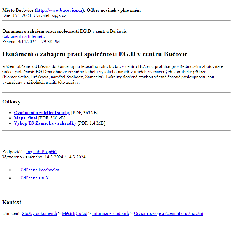 Odběr novinek ze dne 15.3.2024 - dokument Oznámení o zahájení prací společnosti EG.D v centru Bučovic