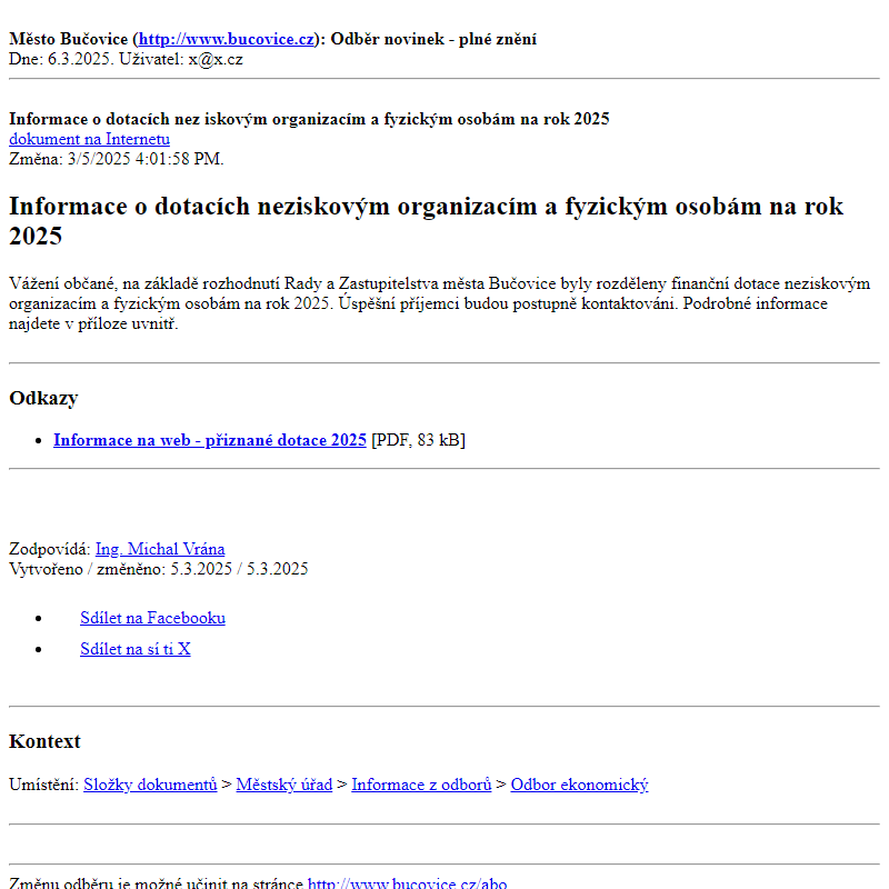 Odběr novinek ze dne 6.3.2025 - dokument Informace o dotacích neziskovým organizacím a fyzickým osobám na rok 2025