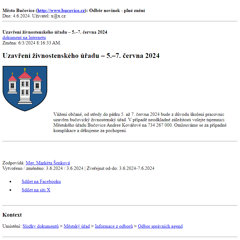 Odběr novinek ze dne 4.6.2024 - dokument Uzavření živnostenského úřadu – 5.–7. června 2024