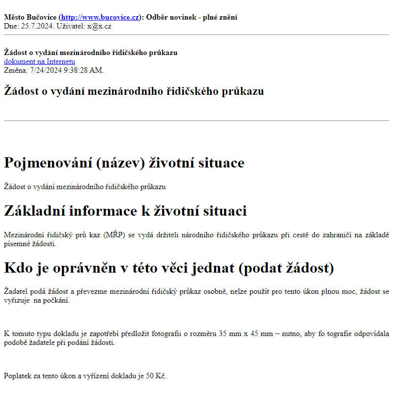 Odběr novinek ze dne 25.7.2024 - dokument Žádost o vydání mezinárodního řidičského průkazu