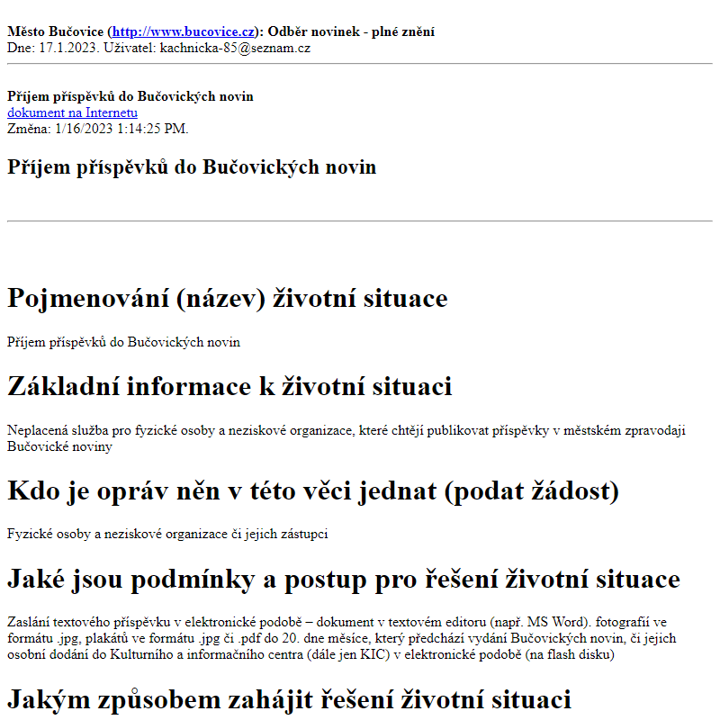 Odběr novinek ze dne 17.1.2023 - dokument Příjem příspěvků do Bučovických novin