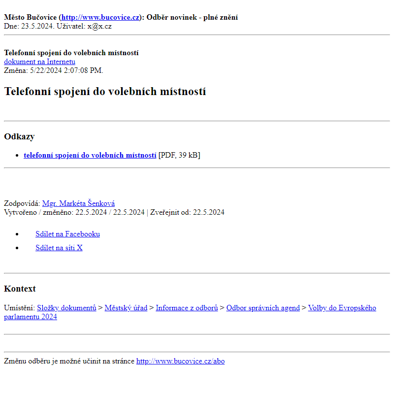Odběr novinek ze dne 23.5.2024 - dokument Telefonní spojení do volebních místností