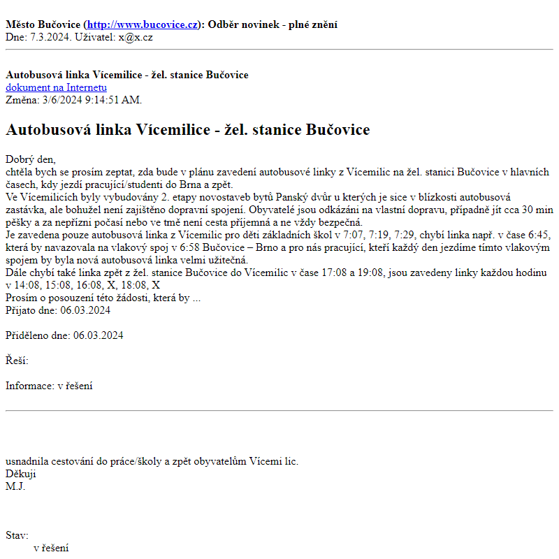 Odběr novinek ze dne 7.3.2024 - dokument Autobusová linka Vícemilice - žel. stanice Bučovice