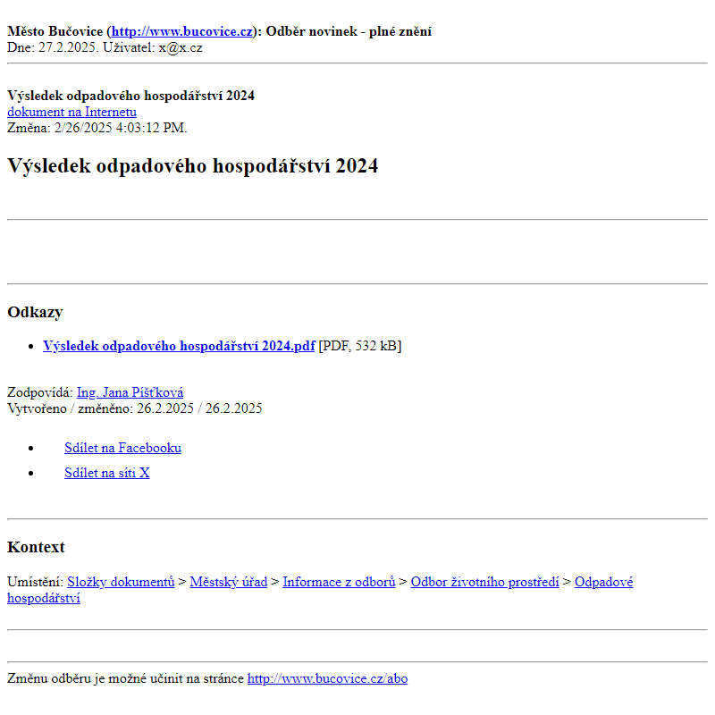 Odběr novinek ze dne 27.2.2025 - dokument Výsledek odpadového hospodářství 2024