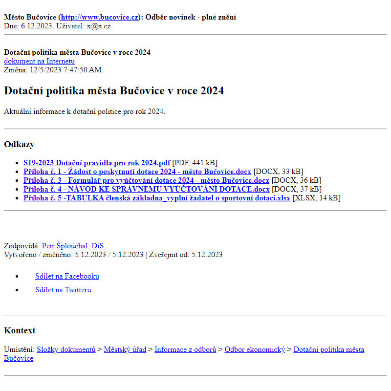Odběr novinek ze dne 6.12.2023 - dokument Dotační politika města Bučovice v roce 2024