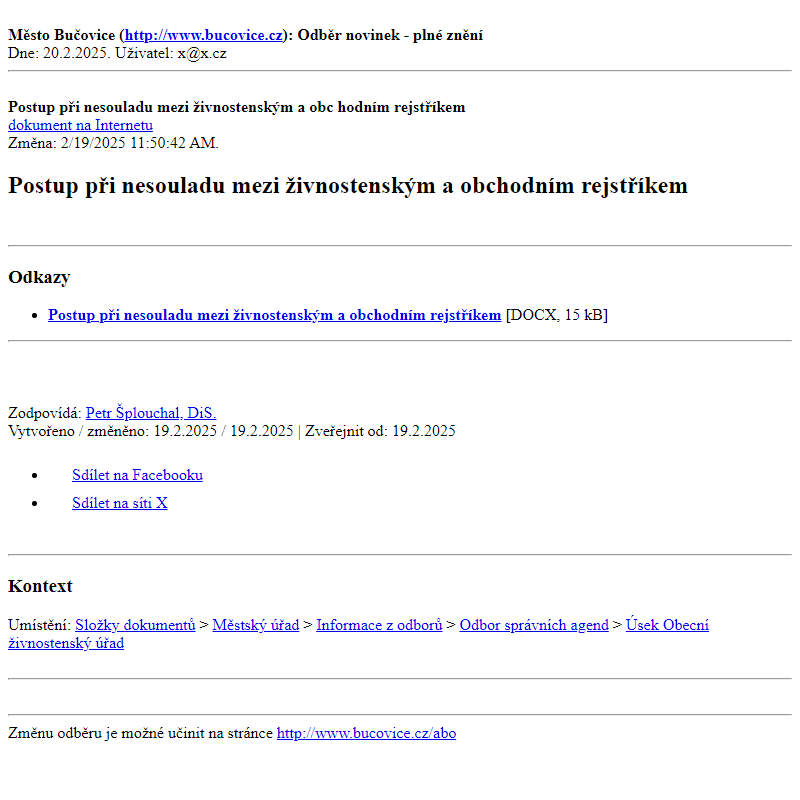 Odběr novinek ze dne 20.2.2025 - dokument Postup při nesouladu mezi živnostenským a obchodním rejstříkem