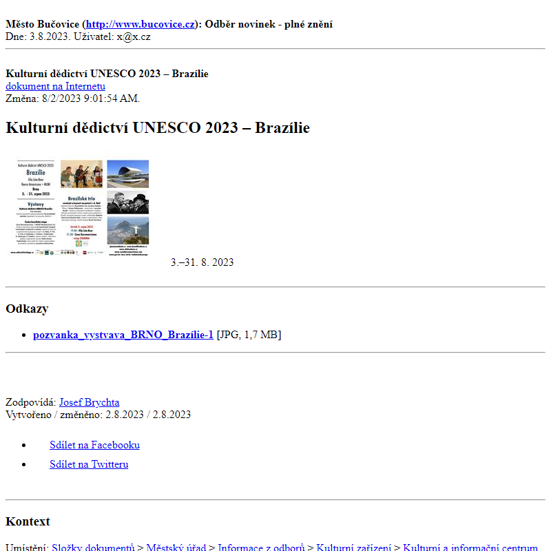 Odběr novinek ze dne 3.8.2023 - dokument Kulturní dědictví UNESCO 2023 – Brazílie