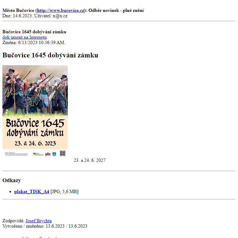 Odběr novinek ze dne 14.6.2023 - dokument Bučovice 1645 dobývání zámku