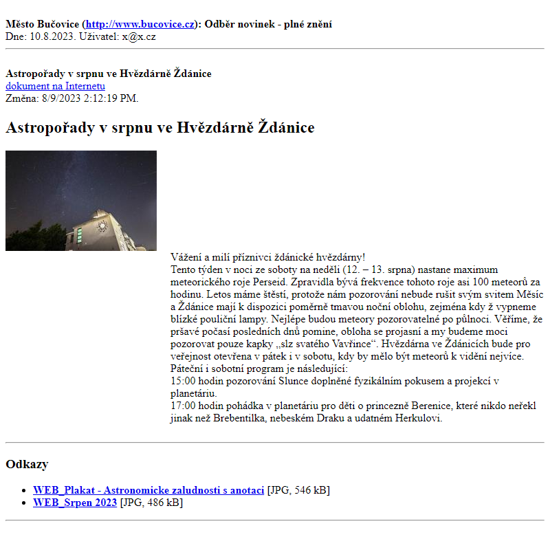 Odběr novinek ze dne 10.8.2023 - dokument Astropořady v srpnu ve Hvězdárně Ždánice