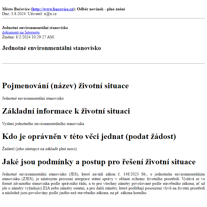 Odběr novinek ze dne 3.8.2024 - dokument Jednotné environmentální stanovisko