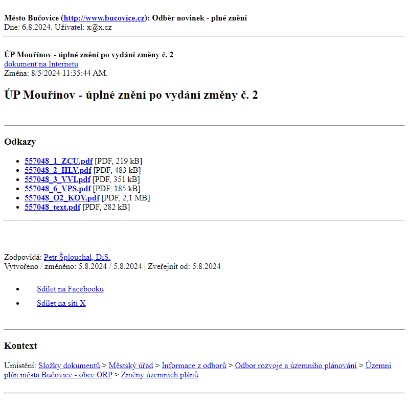 Odběr novinek ze dne 6.8.2024 - dokument ÚP Mouřínov - úplné znění po vydání změny č. 2