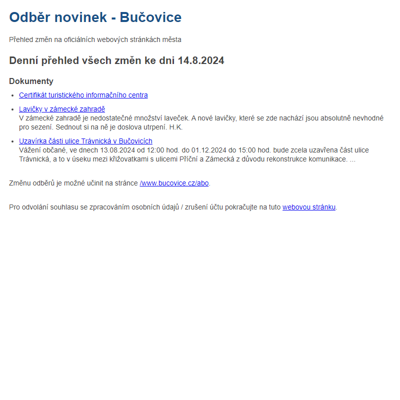 Odběr novinek ze dne 14.8.2024