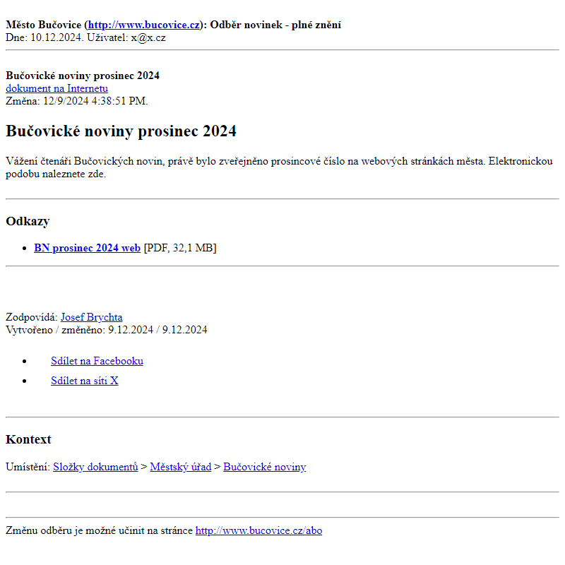 Odběr novinek ze dne 10.12.2024 - dokument Bučovické noviny prosinec 2024