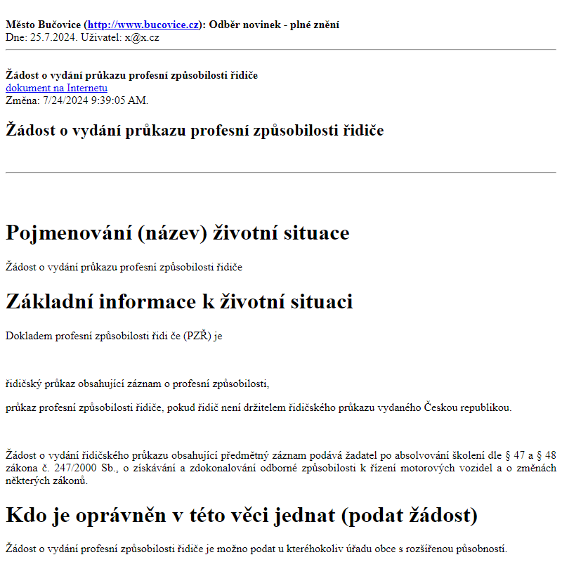 Odběr novinek ze dne 25.7.2024 - dokument Žádost o vydání průkazu profesní způsobilosti řidiče