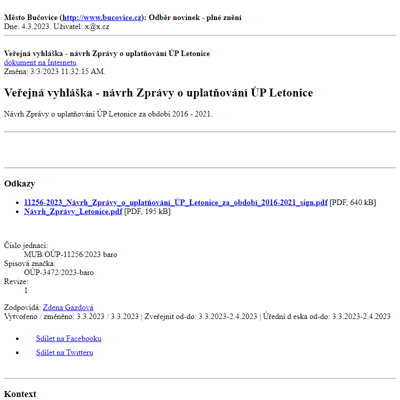 Odběr novinek ze dne 4.3.2023 - dokument Veřejná vyhláška - návrh Zprávy o uplatňování ÚP Letonice