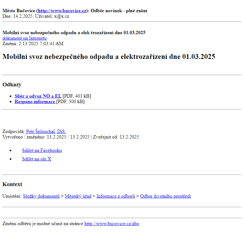 Odběr novinek ze dne 14.2.2025 - dokument Mobilní svoz nebezpečného odpadu a elektrozařízení dne 01.03.2025