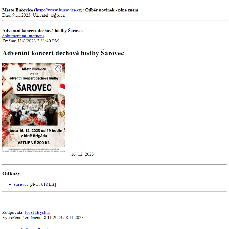 Odběr novinek ze dne 9.11.2023 - dokument Adventní koncert dechové hodby Šarovec