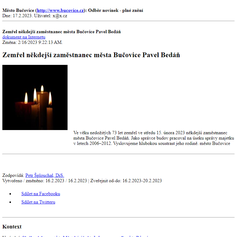 Odběr novinek ze dne 17.2.2023 - dokument Zemřel někdejší zaměstnanec města Bučovice Pavel Bedáň