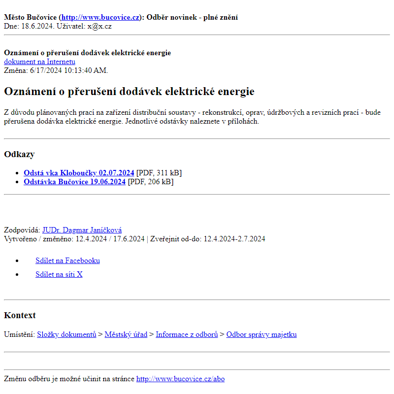 Odběr novinek ze dne 18.6.2024 - dokument Oznámení o přerušení dodávek elektrické energie