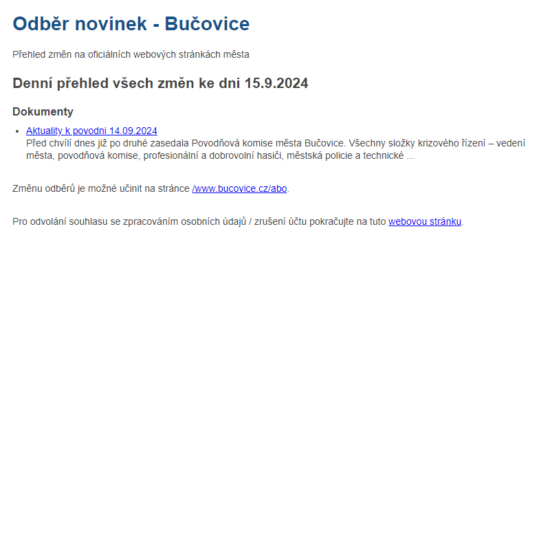 Odběr novinek ze dne 15.9.2024