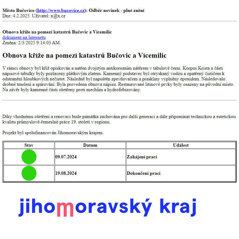 Odběr novinek ze dne 4.2.2025 - dokument Obnova kříže na pomezí katastrů Bučovic a Vícemilic