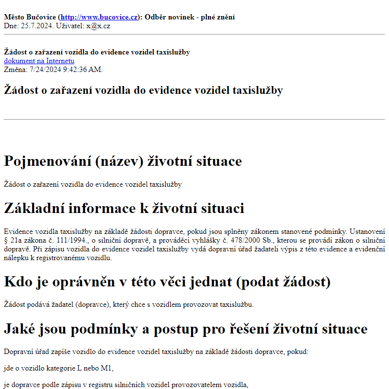 Odběr novinek ze dne 25.7.2024 - dokument Žádost o zařazení vozidla do evidence vozidel taxislužby