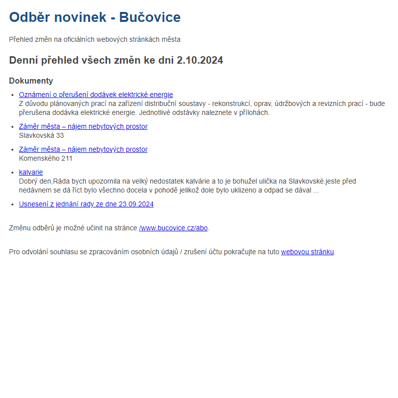 Odběr novinek ze dne 2.10.2024