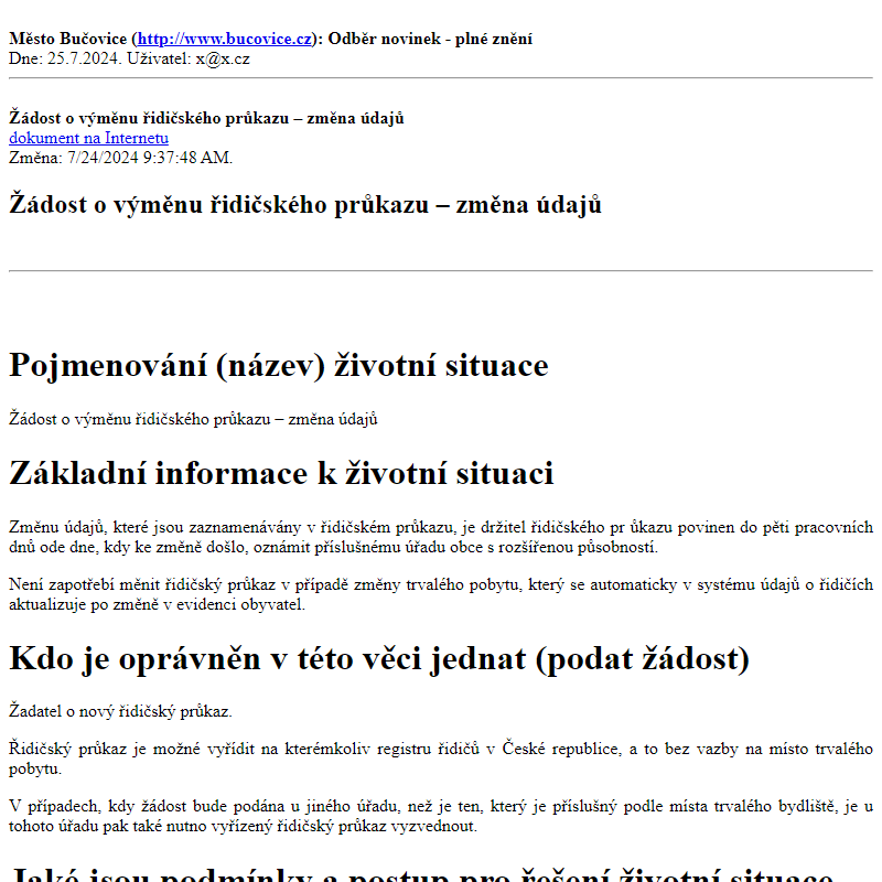 Odběr novinek ze dne 25.7.2024 - dokument Žádost o výměnu řidičského průkazu – změna údajů