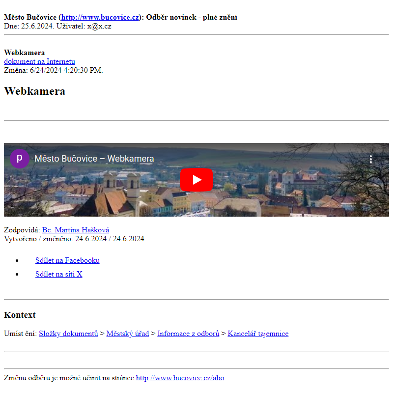 Odběr novinek ze dne 25.6.2024 - dokument Webkamera