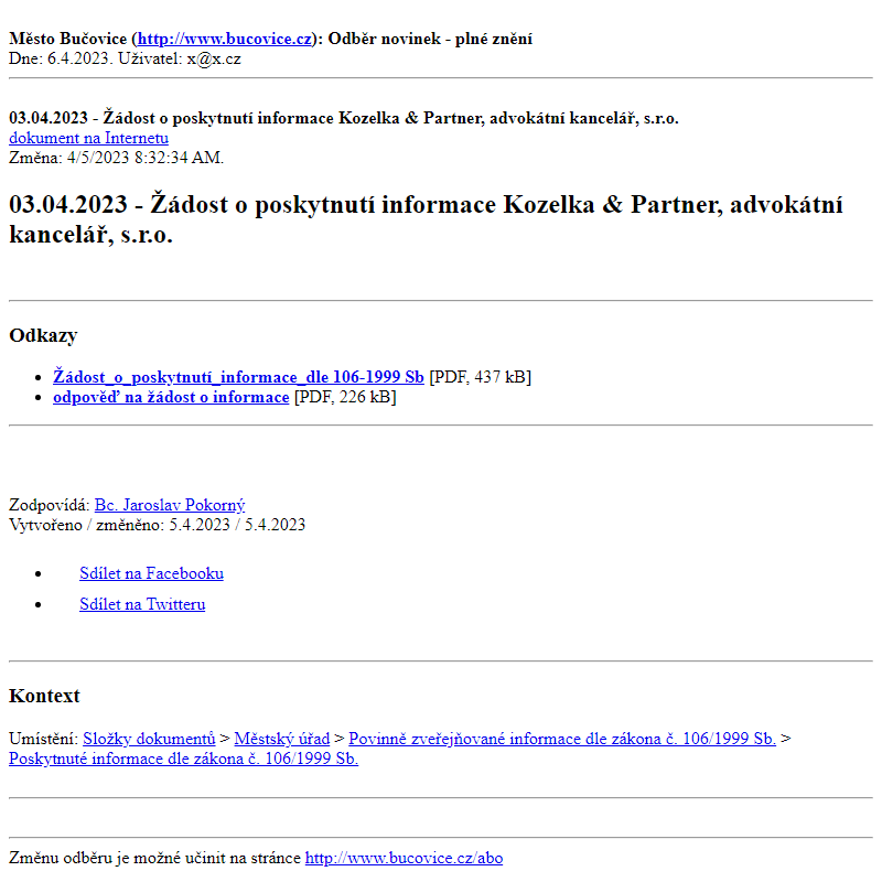 Odběr novinek ze dne 6.4.2023 - dokument 03.04.2023 - Žádost o poskytnutí informace Kozelka & Partner, advokátní kancelář, s.r.o.