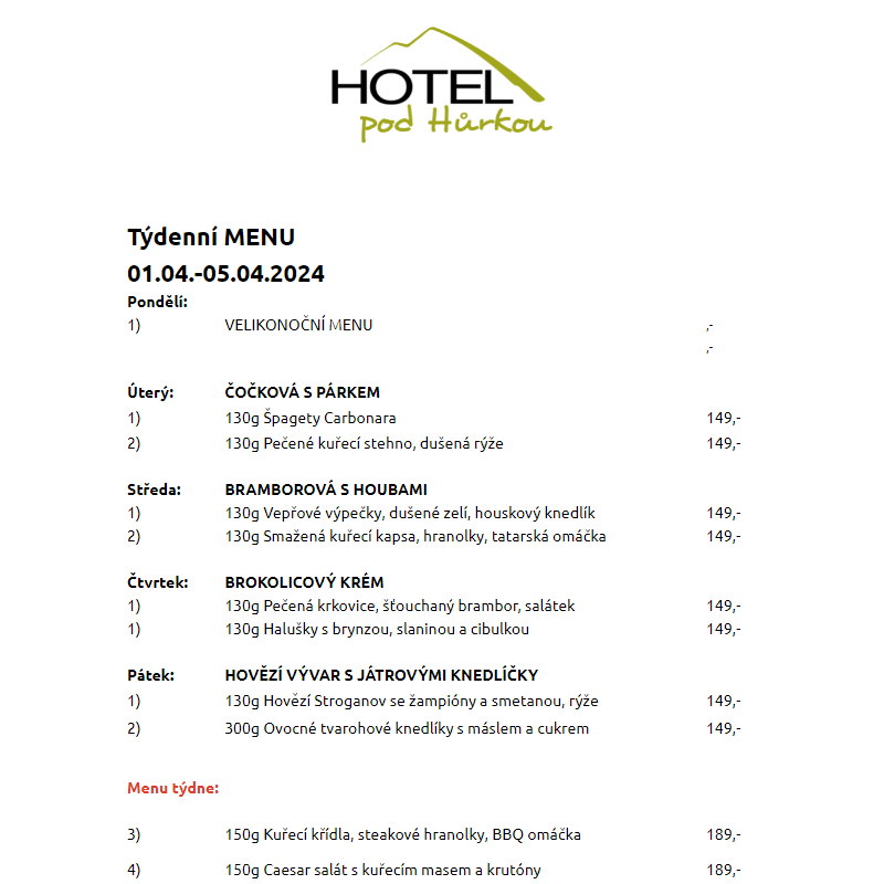 Jídelní lístek Hotel pod Hůrkou 01.04.-05.04.2024