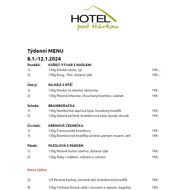 Jídelní lístek Hotel pod Hůrkou 8.1.-12.1.2024