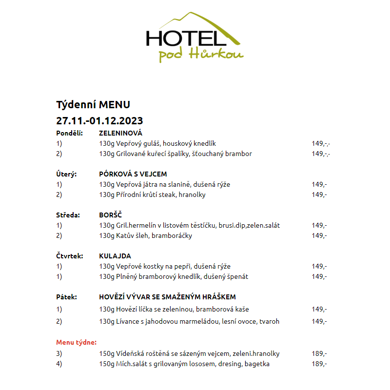 Jídelní lístek Hotel pod Hůrkou 27.11.-01.12.2023