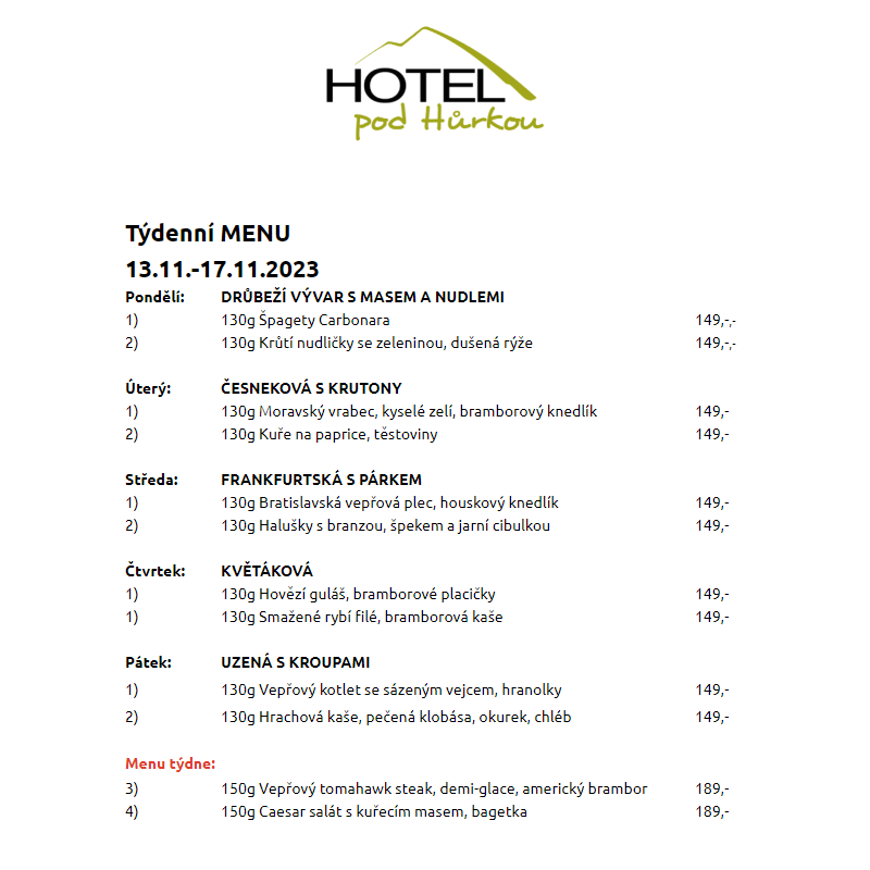 Jídelní lístek Hotel pod Hůrkou 13.11.-17.11.2023