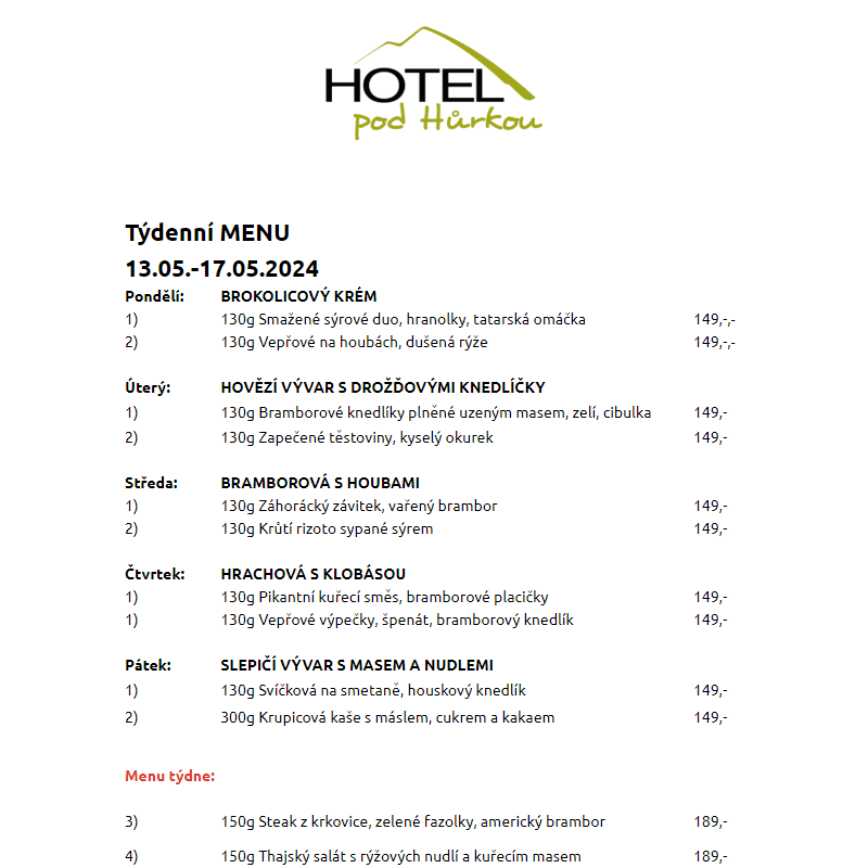 Jídelní lístek Hotel pod Hůrkou 13.05.-17.05.2024