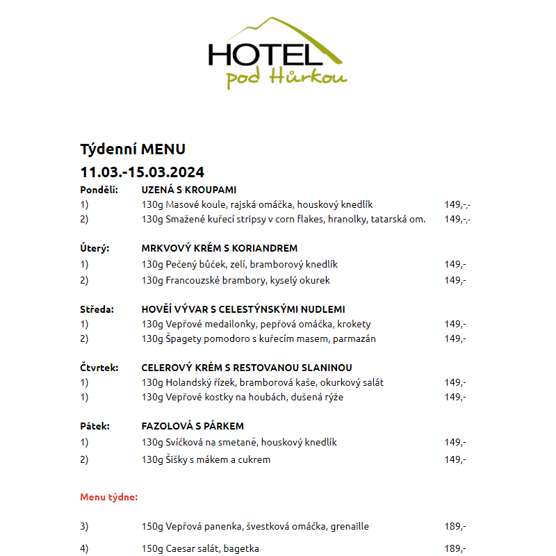 Jídelní lístek Hotel pod Hůrkou 11.03.-15.03.2024