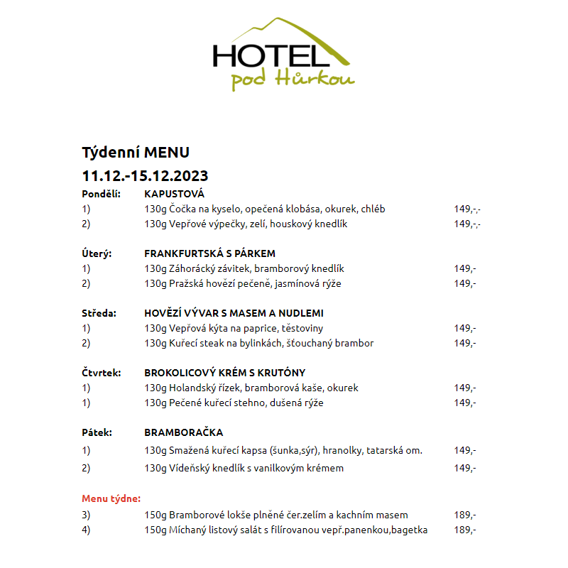 Jídelní lístek Hotel pod Hůrkou 11.12.-15.12.2023