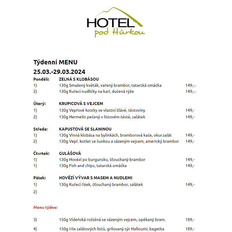Jídelní lístek Hotel pod Hůrkou 25.03.-29.03.2024