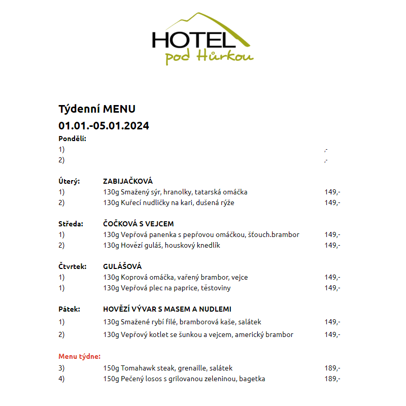 Jídelní lístek Hotel pod Hůrkou 01.01.-05.01.2024
